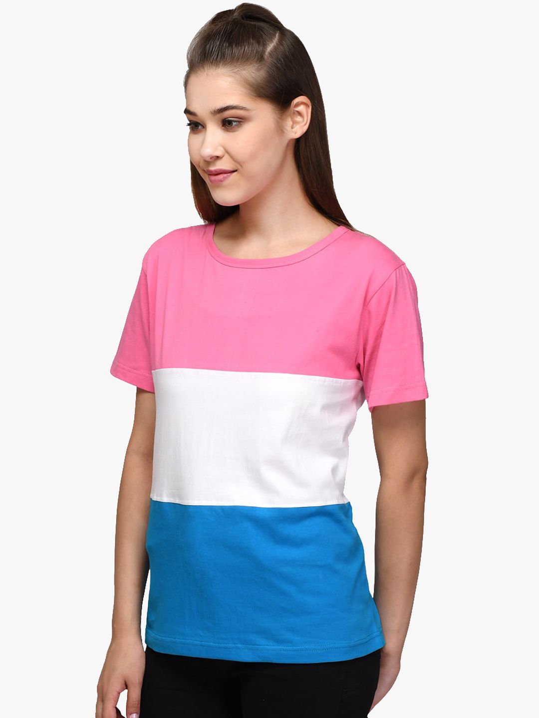 Kotty Women Pink & White Colourblocked Round Neck T-shirt