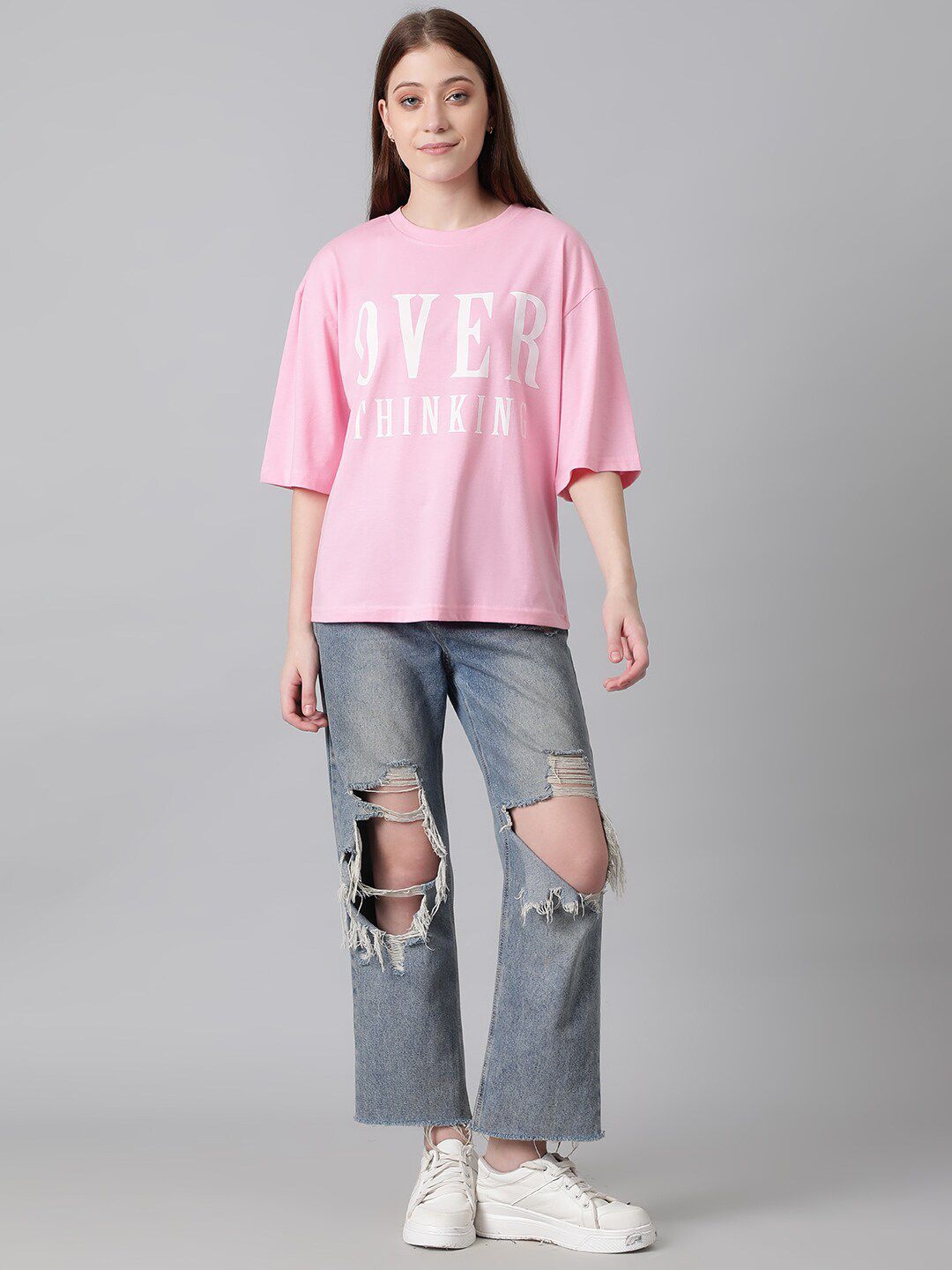 Kotty Typography Printed Drop-Shoulder Sleeves Oversized T-shirt