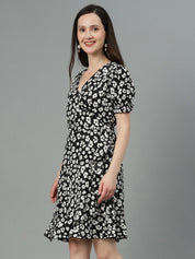 Kotty Black Floral Print A-Line Dress