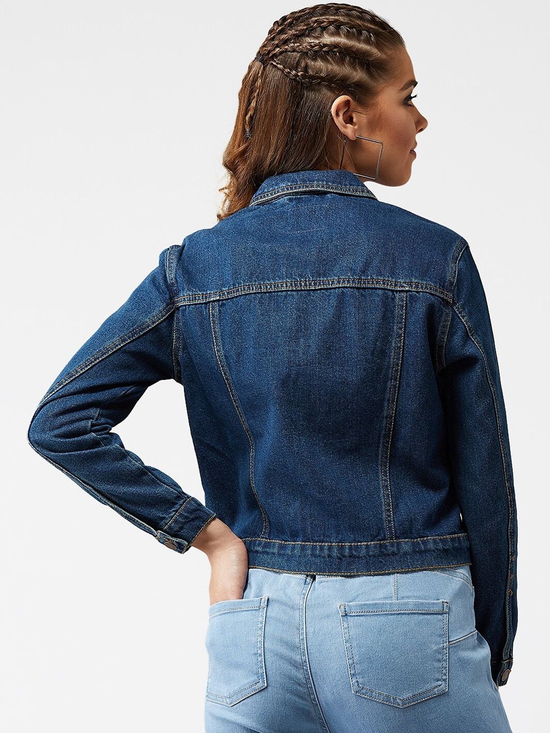 Kotty Women Navy Blue Solid Denim Crop Jacket
