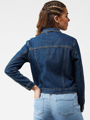 Kotty Women Navy Blue Solid Denim Crop Jacket