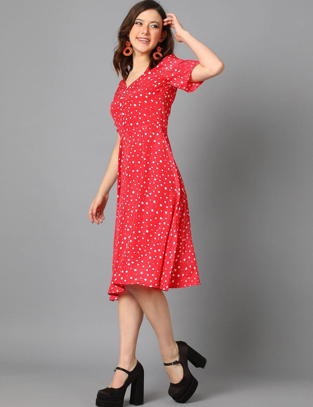 Kotty Red & White Abstract Printed A-Line Midi Dress