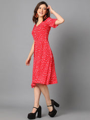 Kotty Red & White Abstract Printed A-Line Midi Dress