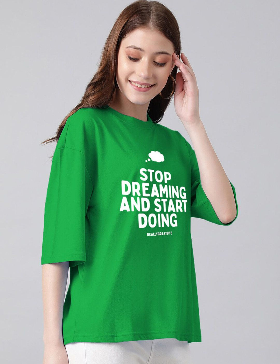 Kotty Typography Printed Round Neck Drop-Shoulder Sleeves Oversized T-shirt