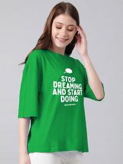 Kotty Typography Printed Round Neck Drop-Shoulder Sleeves Oversized T-shirt