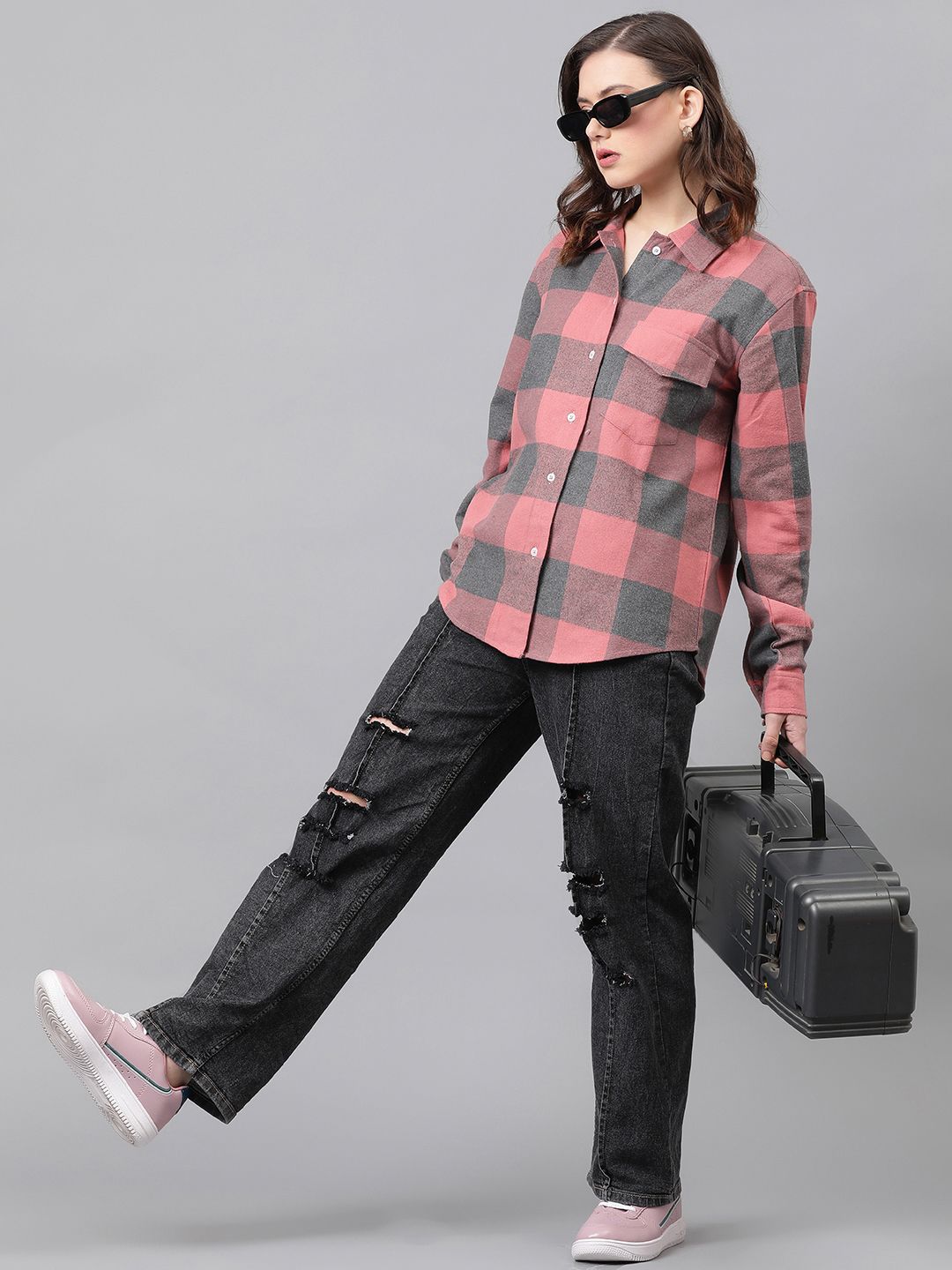 Kotty Buffalo Checks Spread Collar Longline Casual Shirt