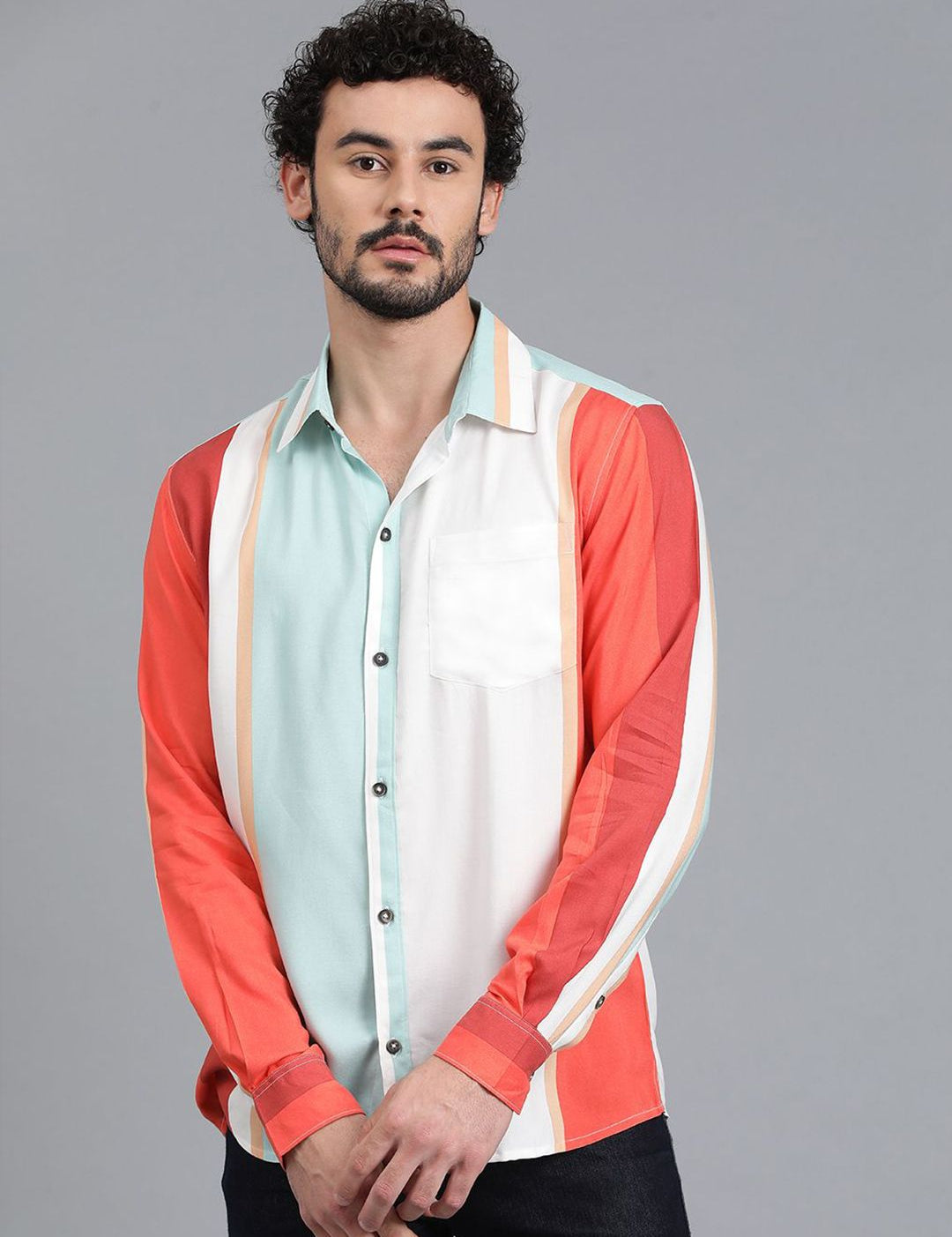Kotty Men Colourblocked Spread Collar Casual Shirt