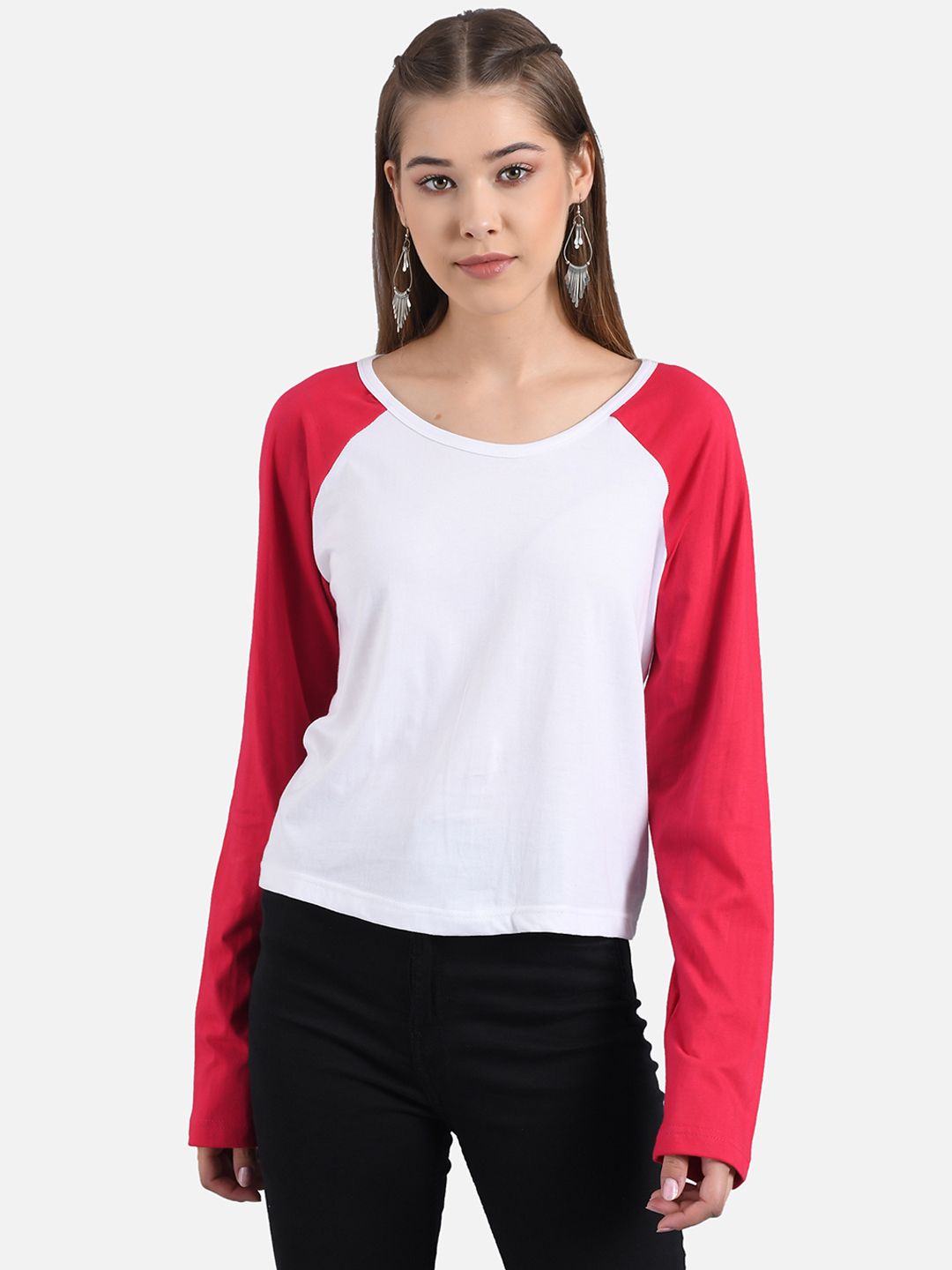 Kotty Women White & Red Colourblocked Boat Neck T-shirt