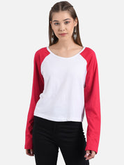 Kotty Women White & Red Colourblocked Boat Neck T-shirt