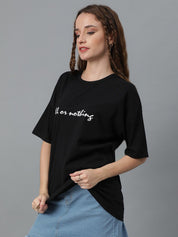 Kotty Typography Printed Round Neck  Drop-Shoulder Sleeves Pure Cotton Oversized T-shirt