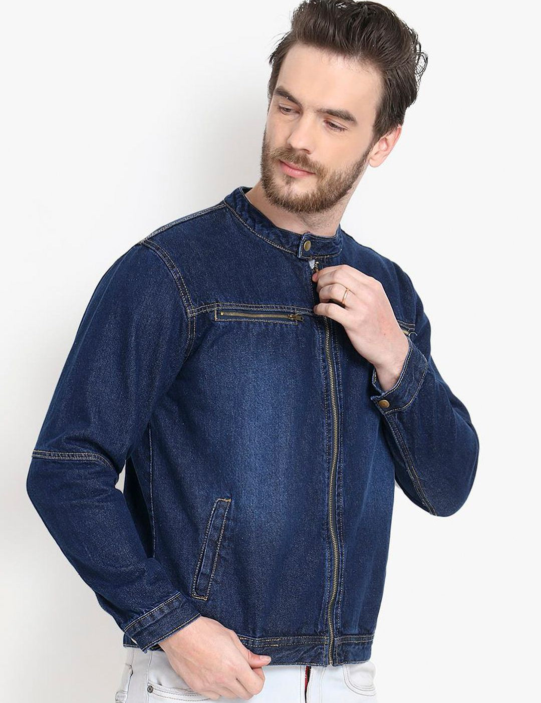 Kotty Men Navy Blue Solid Denim Jacket