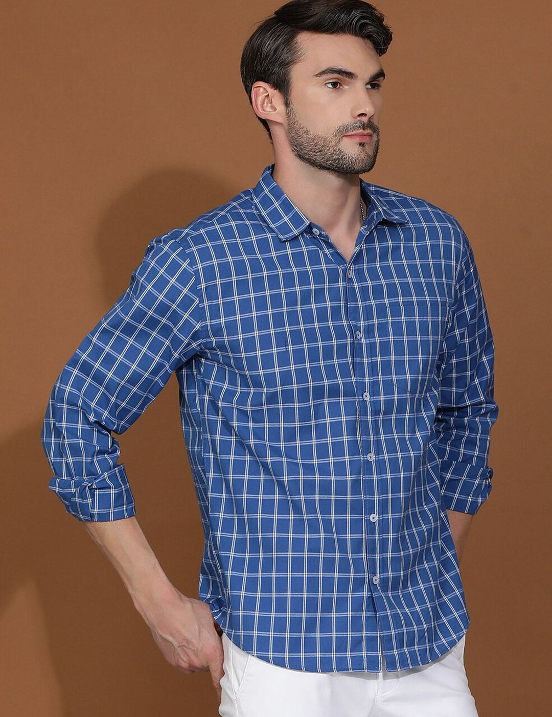 Kotty New Grid Tattersall Checks Spread Collar Casual Shirt