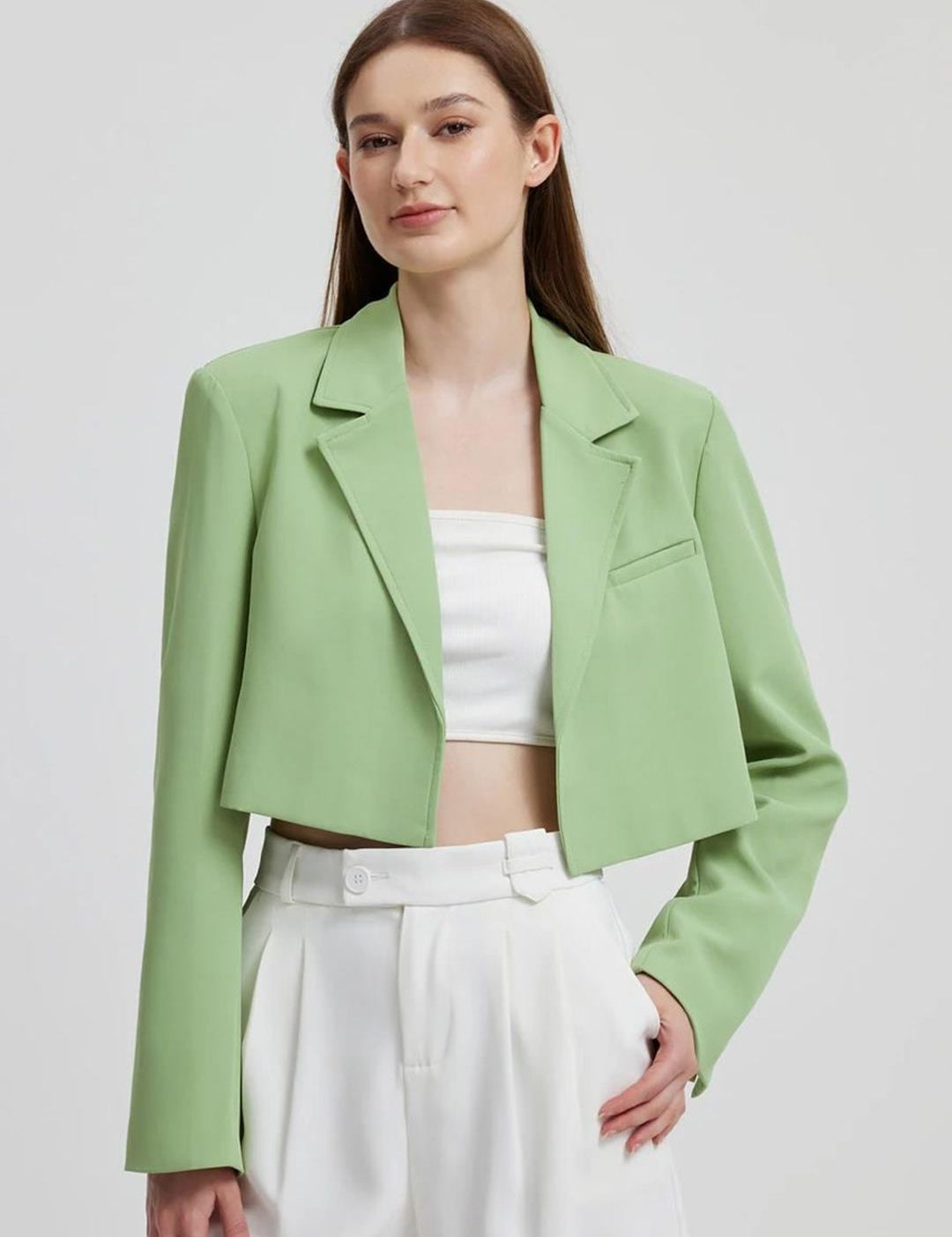 Kotty Green Crop Notched Lapel Collar Regular Fit Blazer