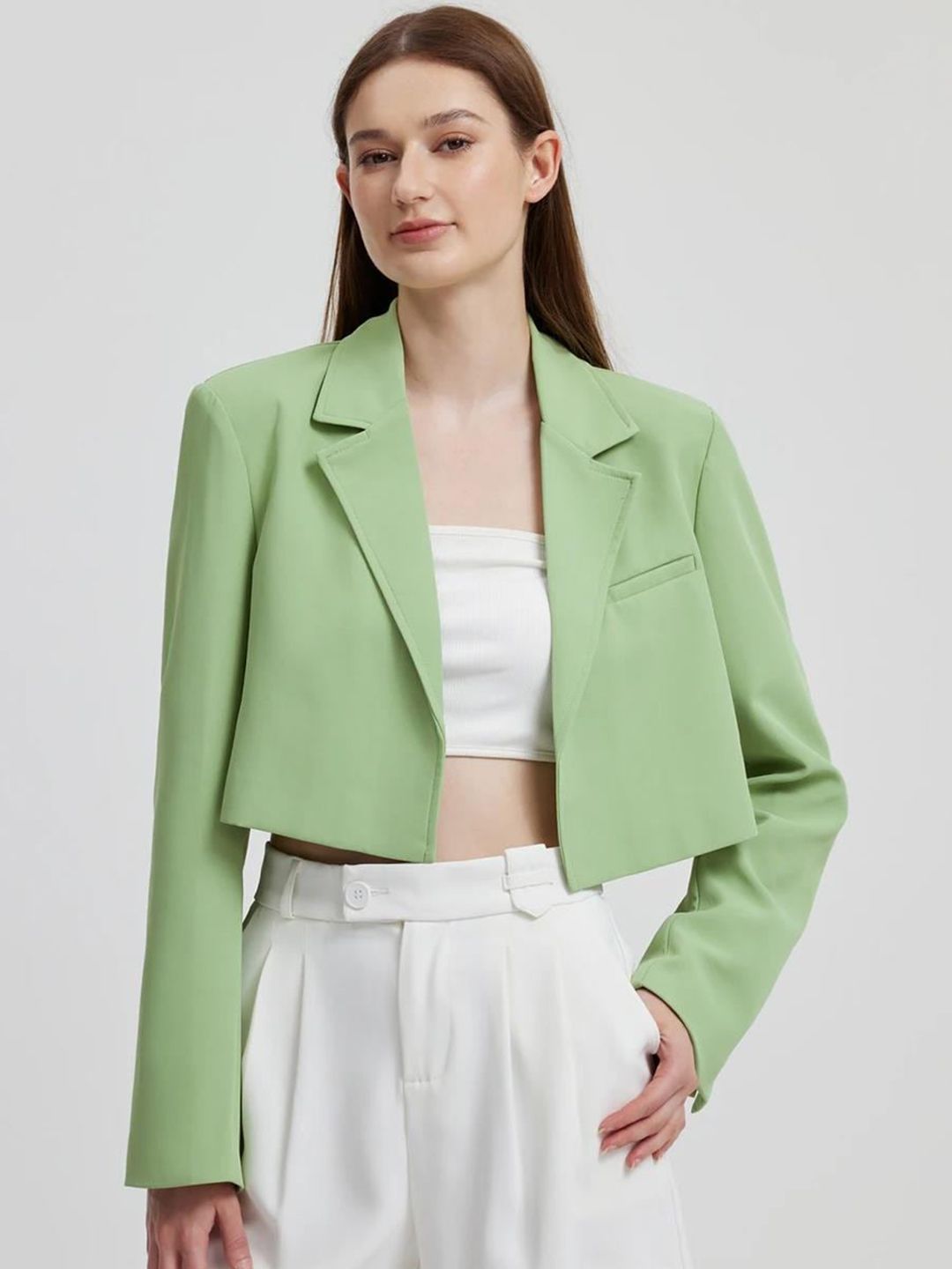 Kotty Green Crop Notched Lapel Collar Regular Fit Blazer