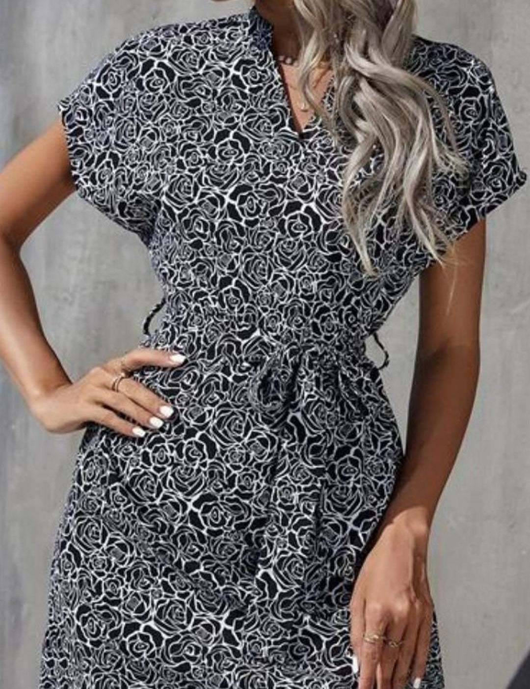 Kotty Black Abstract Printed V-Neck Extended Sleeves A-Line Dress