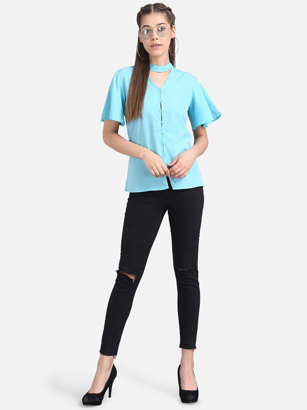 Kotty Women Turquoise Blue Solid Pure Cotton Top