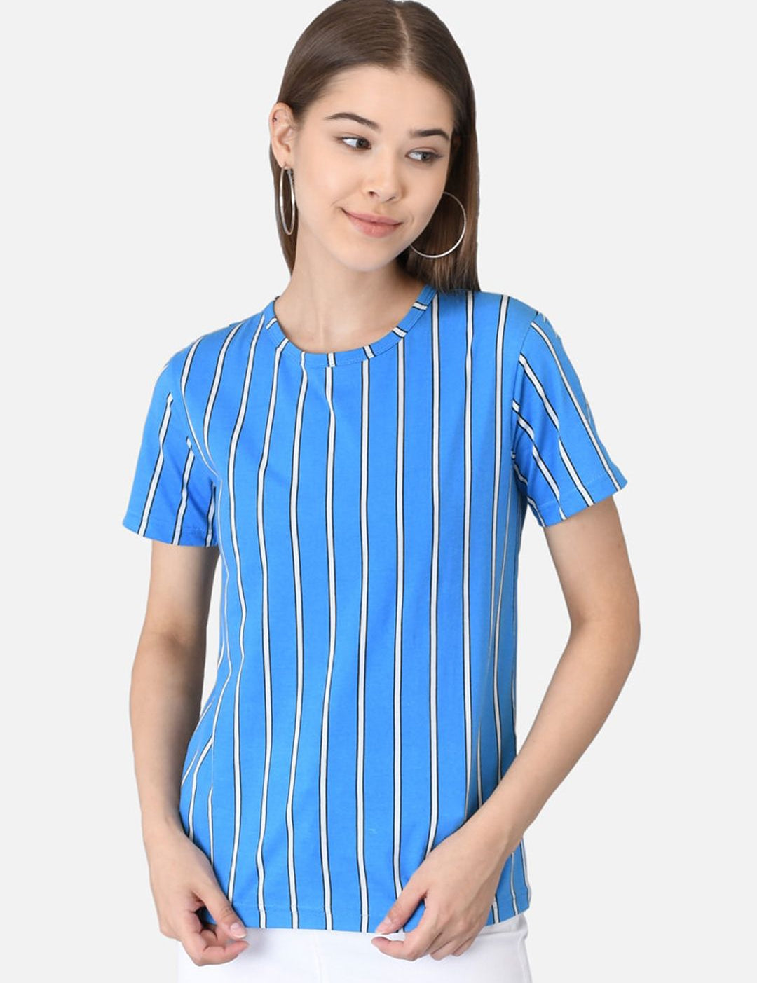 Kotty Women Blue & Orange Striped Round Neck T-shirt