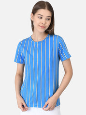Kotty Women Blue & Orange Striped Round Neck T-shirt