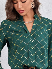 Kotty Geometric Printed Mandarin Collar Satin Shirt Style Top
