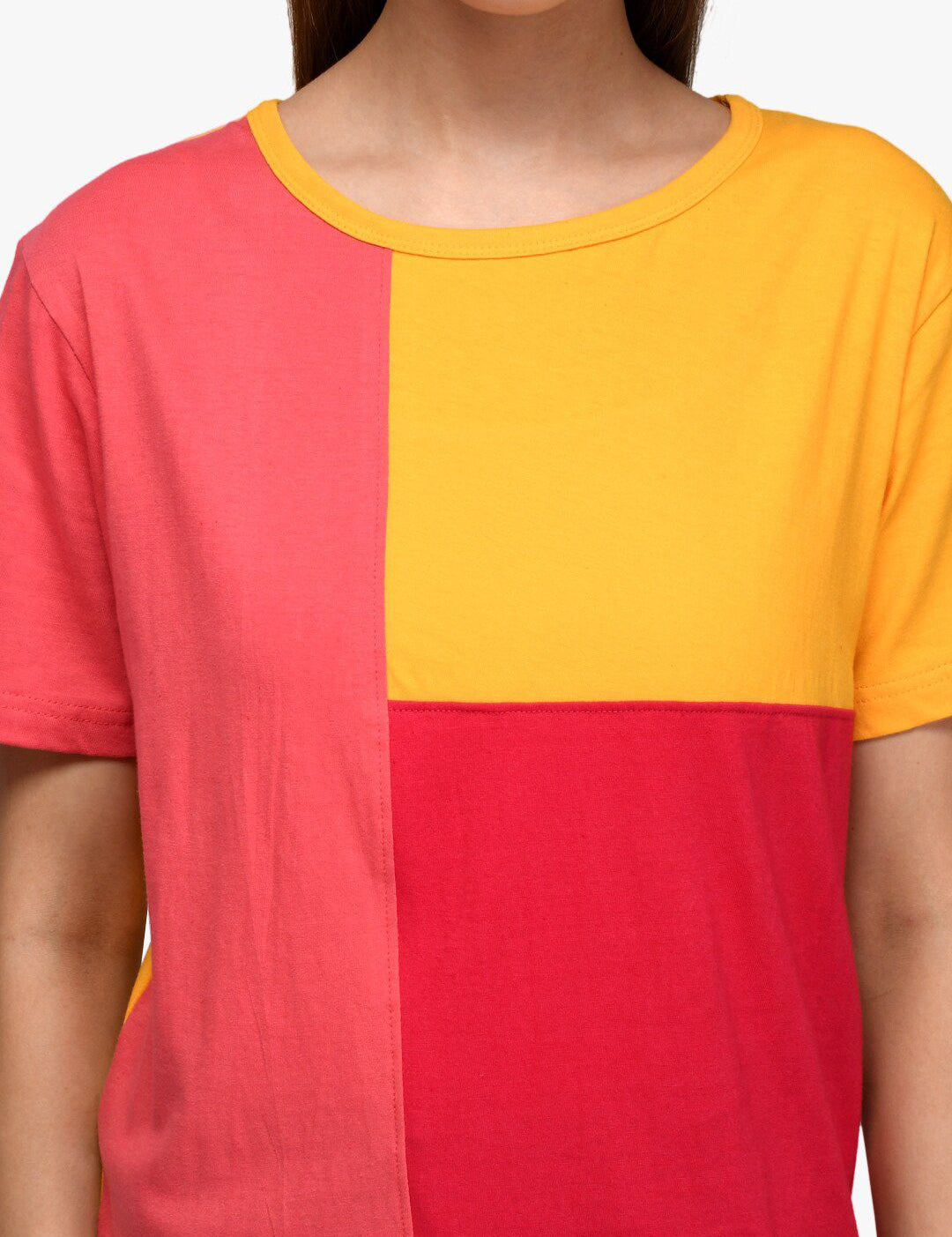 Kotty Women Yellow & Red Colourblocked Boat Neck T-shirt