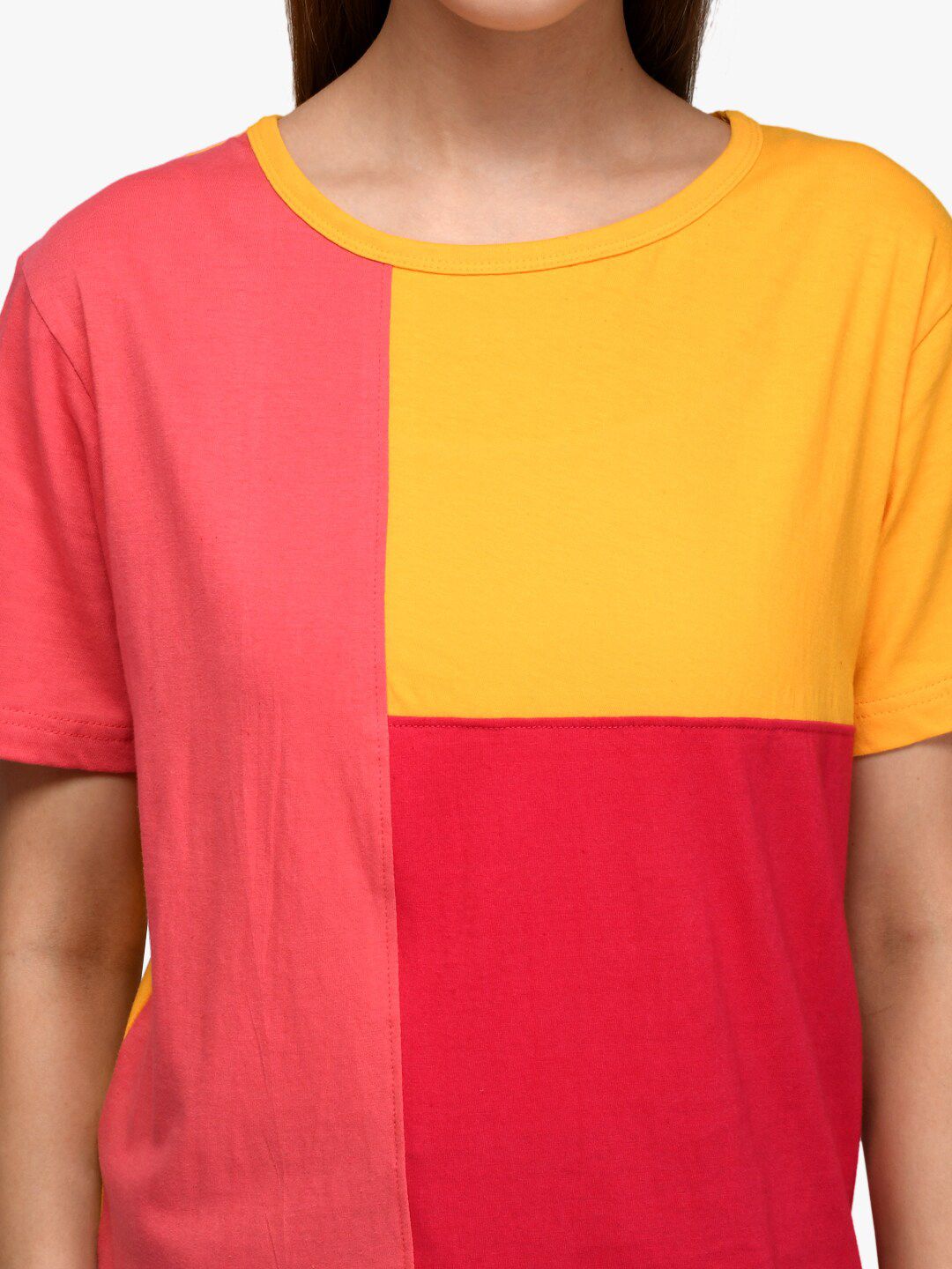 Kotty Women Yellow & Red Colourblocked Boat Neck T-shirt
