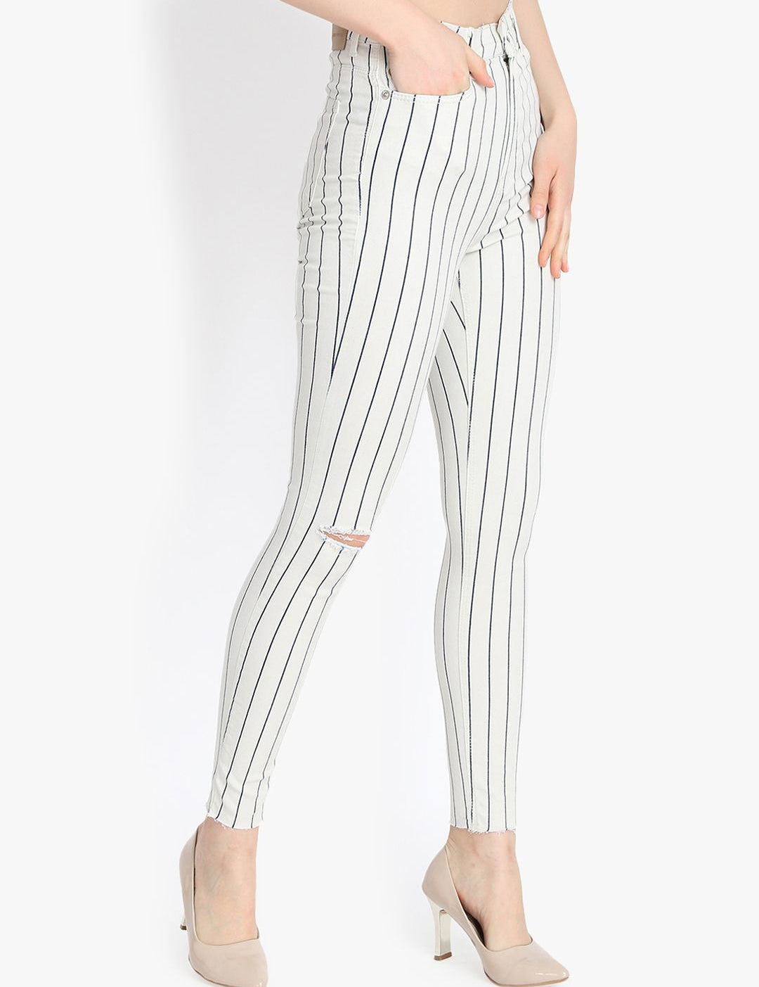 Kotty Women White Striped Skinny Fit High-Rise Slash Knee Jeans
