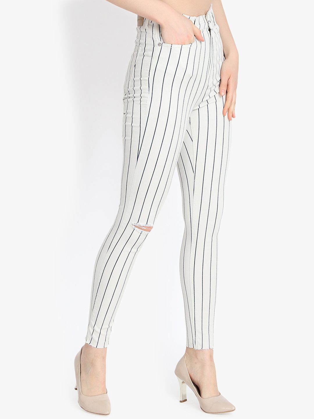 Kotty Women White Striped Skinny Fit High-Rise Slash Knee Jeans