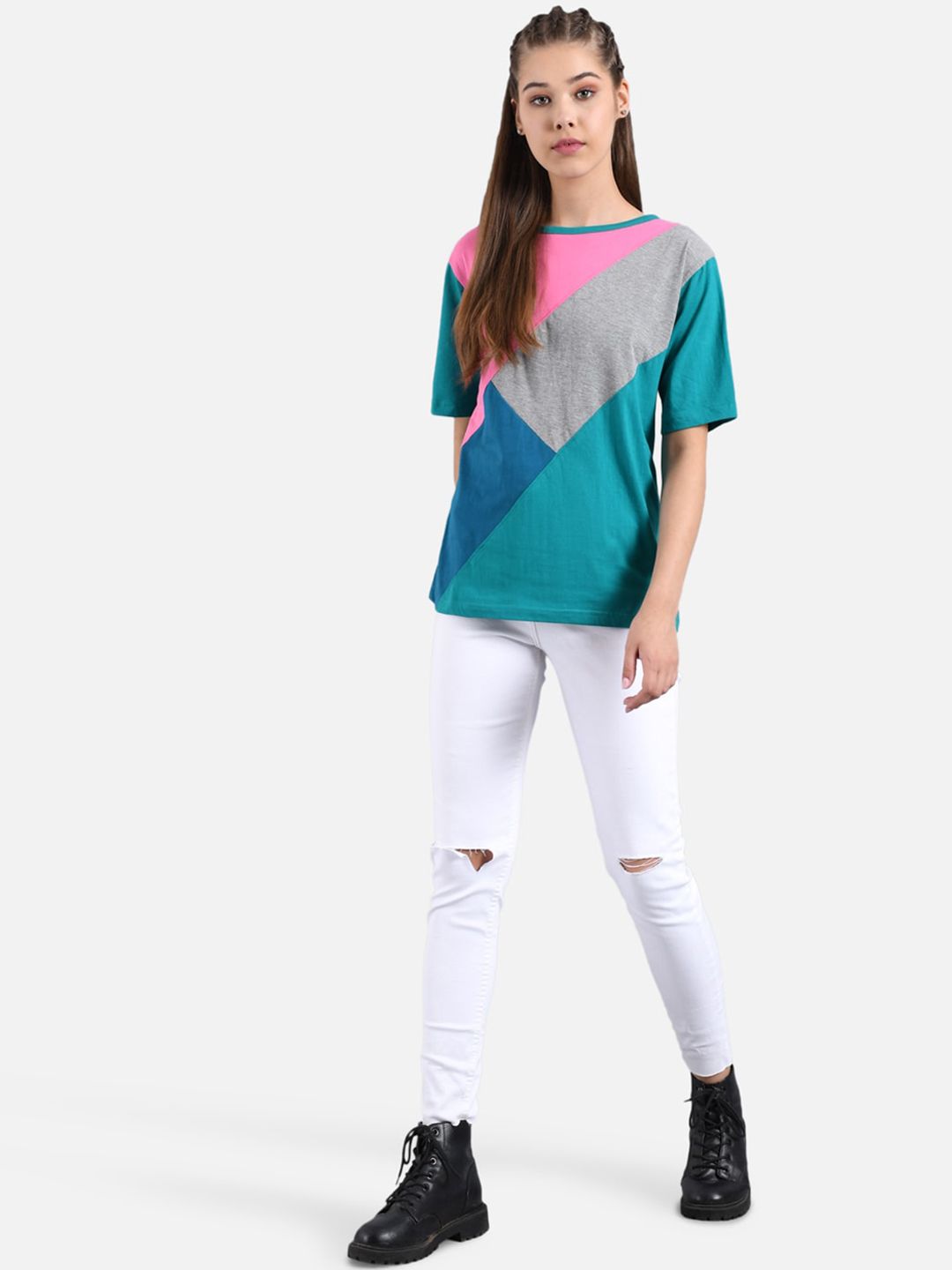 Kotty Women Pink And Blue Colourblocked Round Neck T-shirt