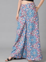 Kotty Women Blue Floral Printed Relaxed Flared Easy Wash Parallel Trousers