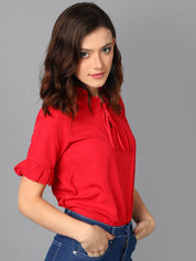 Kotty Red Tie-Up Neck Bell Sleeve Crepe Top