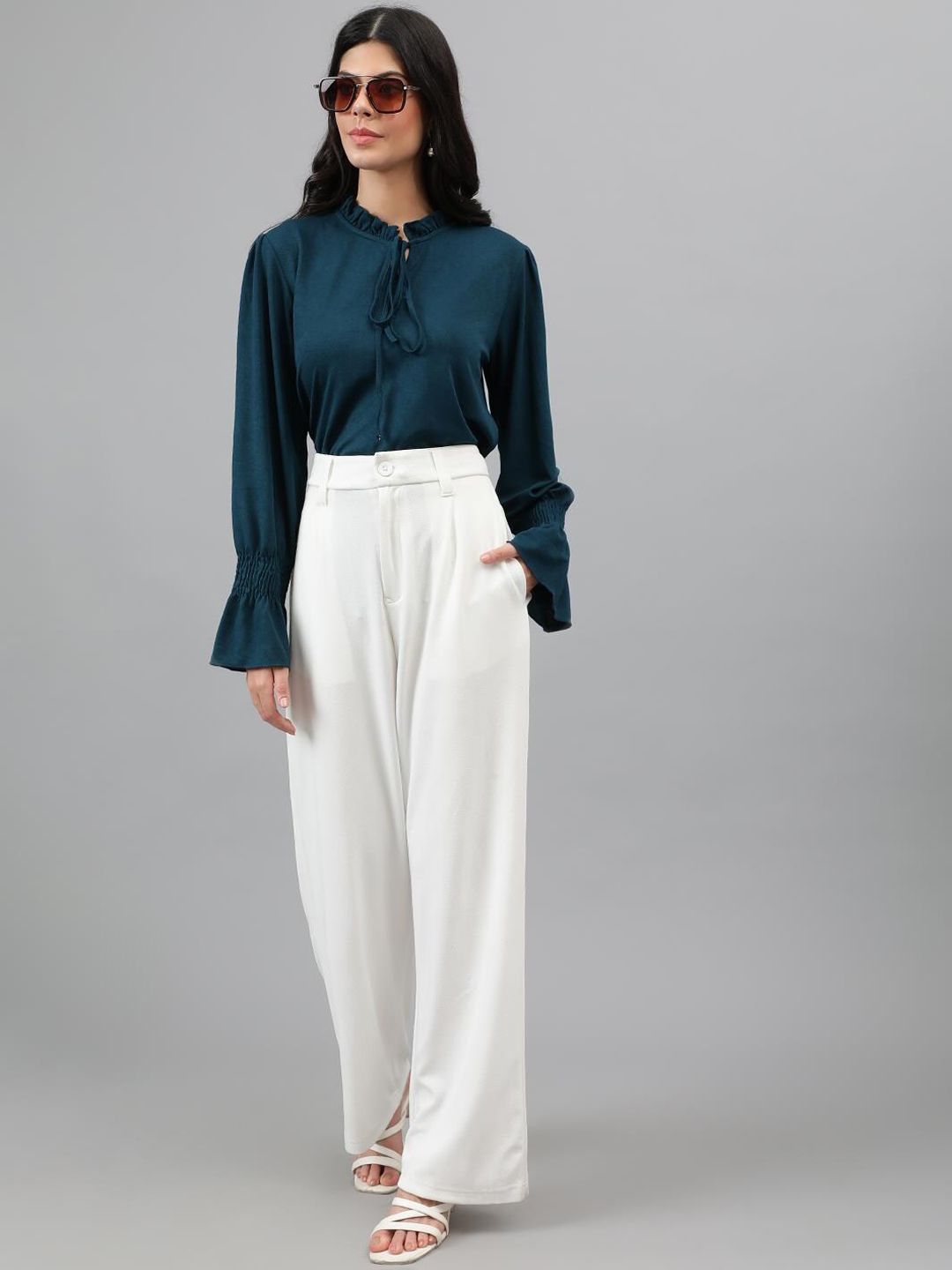 KOTTY BIZwear Women White Relaxed Straight Leg Straight Fit High-Rise Easy Wash Pleated Trousers