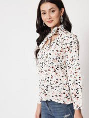 Kotty Printed Tie-Up Neck Shirt Style Top