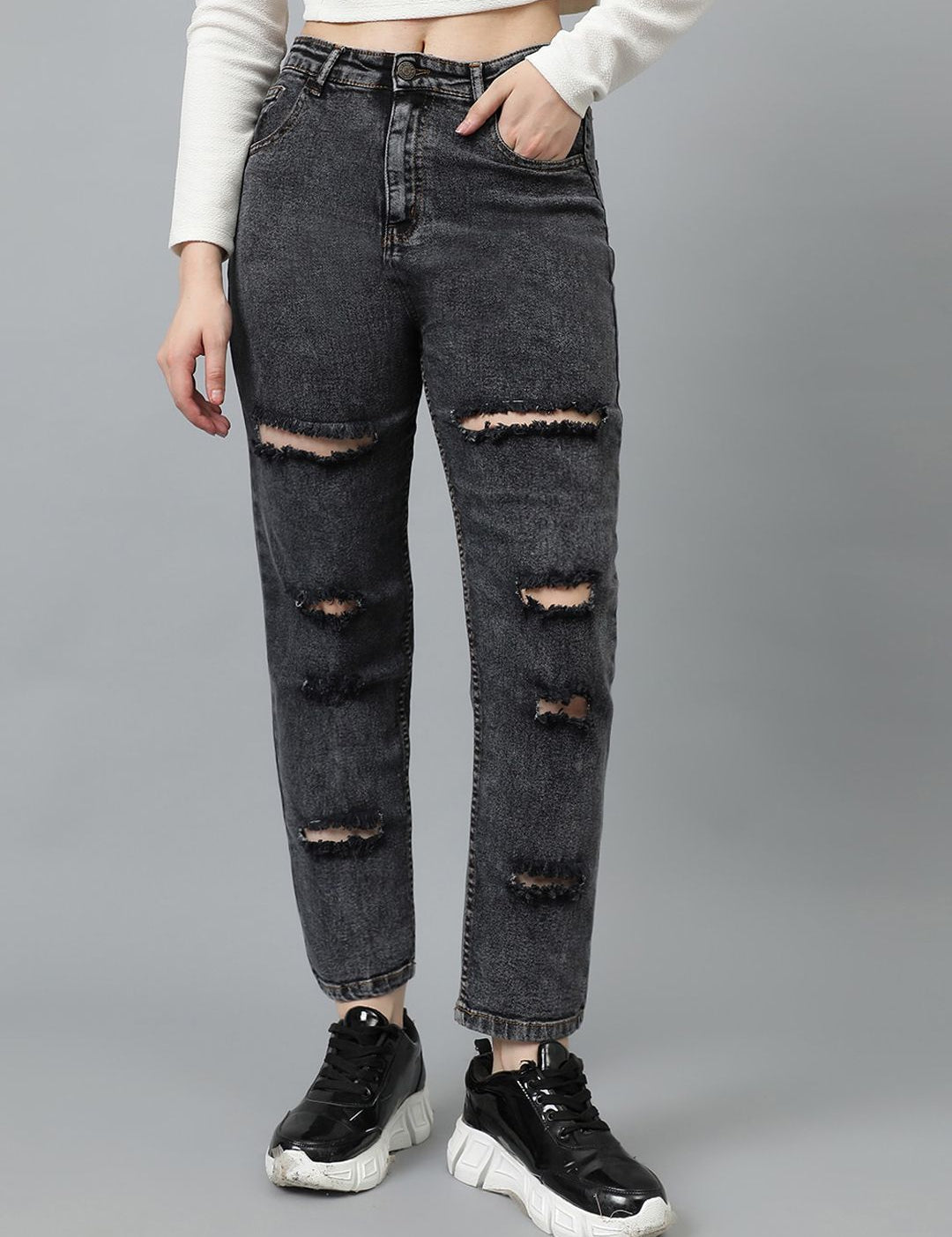 Kotty Women Grey Jean High-Rise Highly Distressed Stretchable Jeans