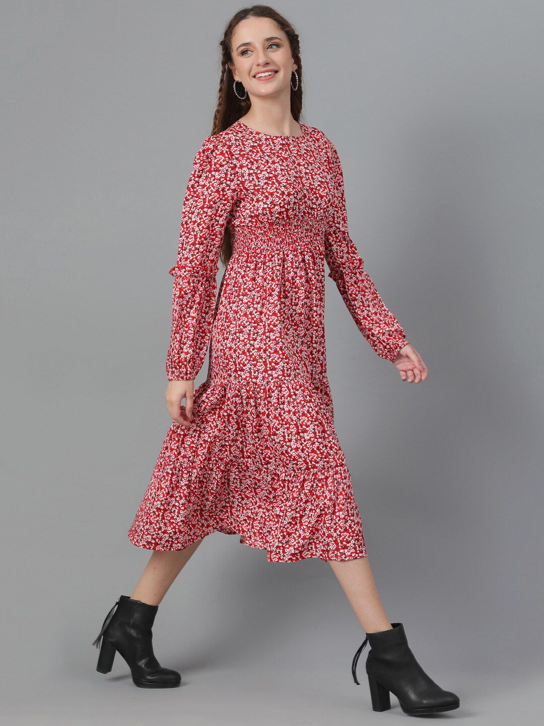 Kotty Floral Printed Puff Sleeve Layered Crepe Fit & Flare Midi Dress