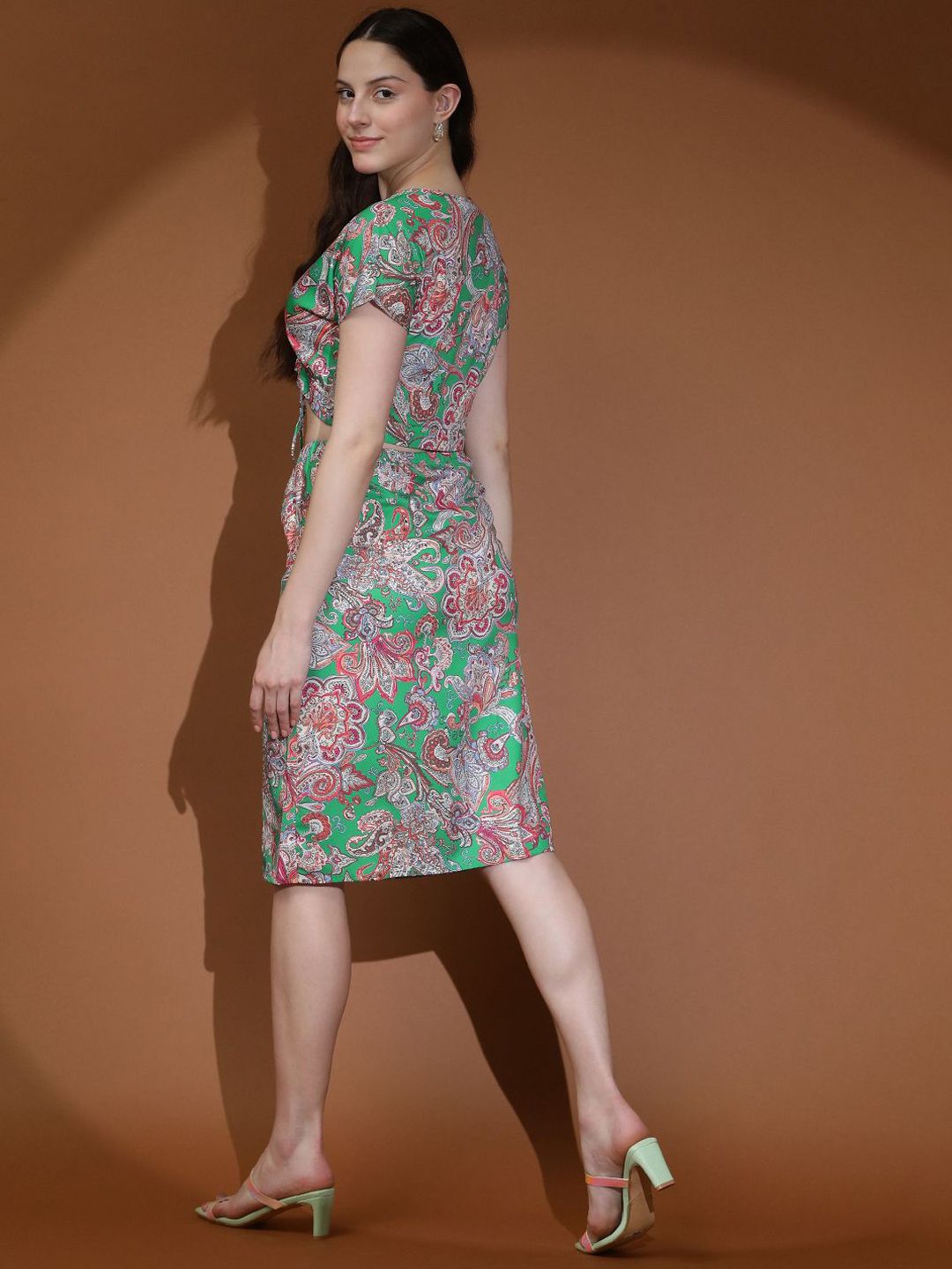 Kotty Green Floral Printed V-Neck Top & Skirt