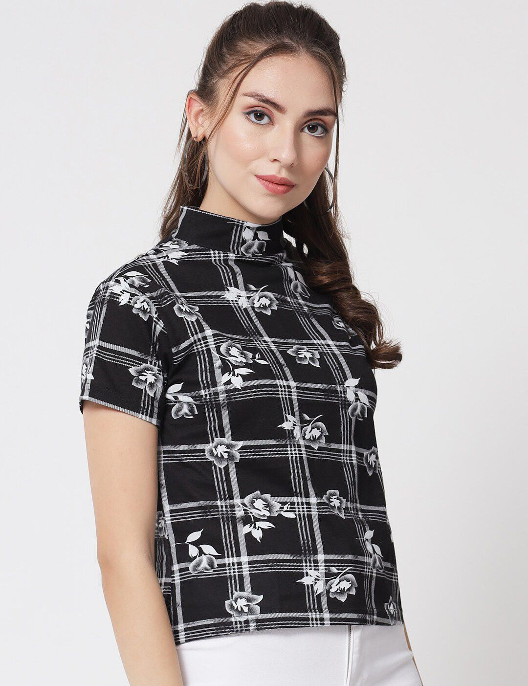 Kotty Black & White Floral Print Monochrome Boxy Crop Top
