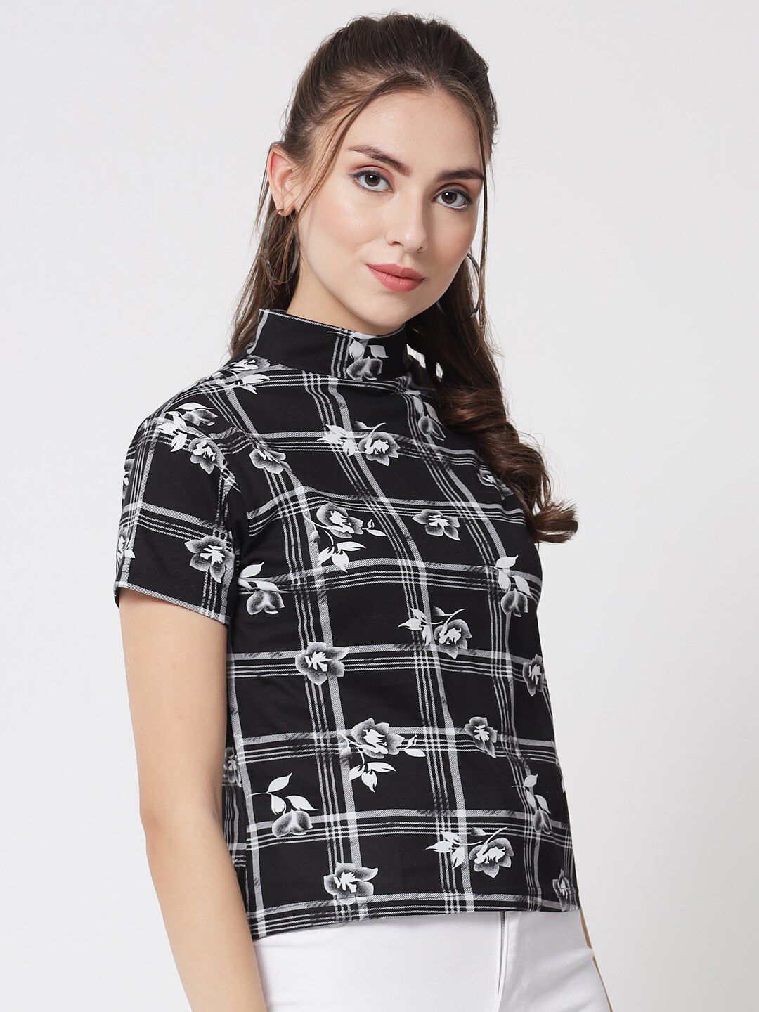Kotty Black & White Floral Print Monochrome Boxy Crop Top