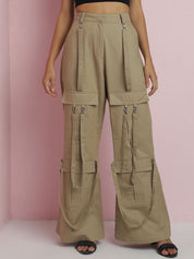 Kotty Women Solid Relaxed Straight Fit Mid-Rise Cargo Trousers