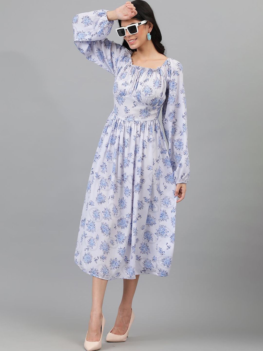 Kotty White And Blue Floral Printed Puff Sleeves Fit & Flare Midi Dress