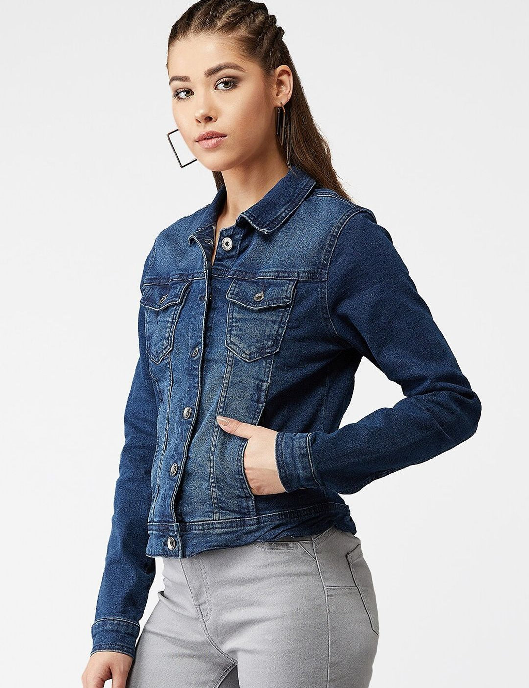 Kotty Women Navy Blue Solid Denim Jacket