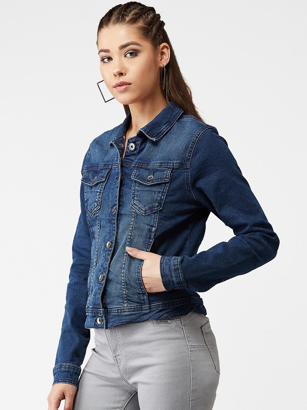 Kotty Women Navy Blue Solid Denim Jacket