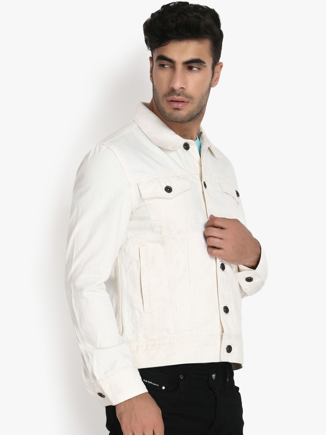 Kotty Men White Solid Denim Jacket 