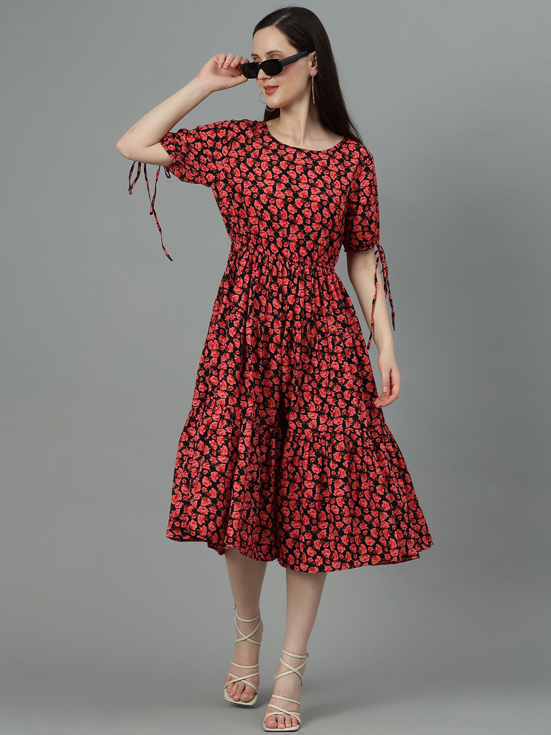 Kotty Red Floral Printed A-Line Midi Dress