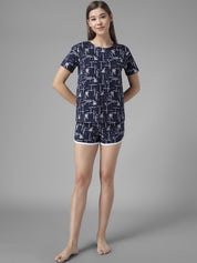 Kotty Women Navy Blue & White Printed Night suit