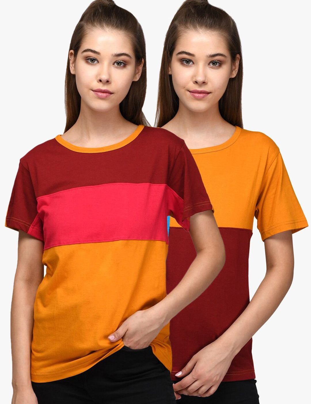 Kotty Women Pack of 2 Colourblocked Round Neck Pure Cotton T-shirts