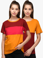 Kotty Women Pack of 2 Colourblocked Round Neck Pure Cotton T-shirts