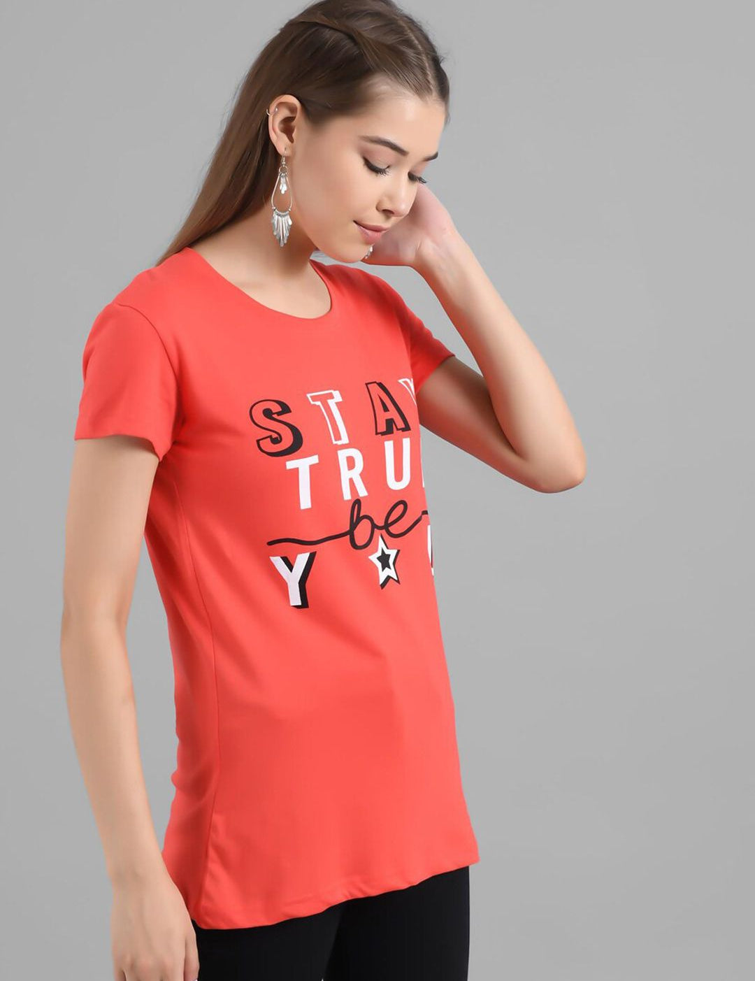 Kotty Women Orange Printed Round Neck Longline T-shirt