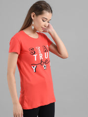 Kotty Women Orange Printed Round Neck Longline T-shirt