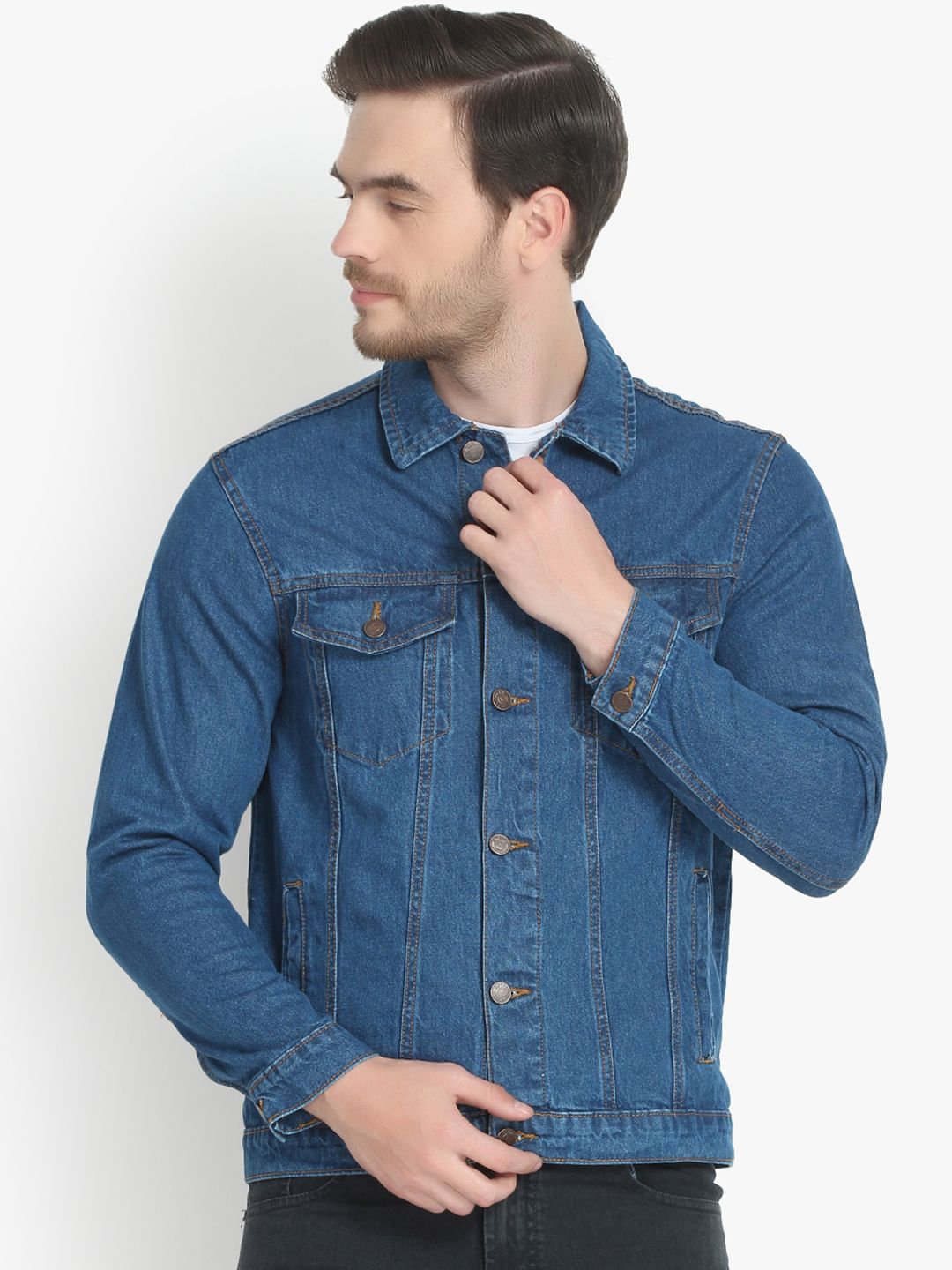 Kotty Men Blue Solid Denim Jacket