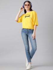 Kotty Yellow Graphic Printed Drop-Shoulder Sleeves Oversized Cotton  T-Shirt